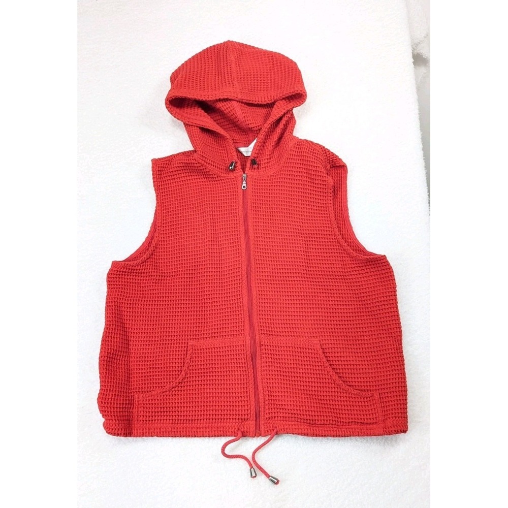 Christopher & Banks Men's Red Drawstring Full Zip Cable Knit Hoodie Vest‎ L